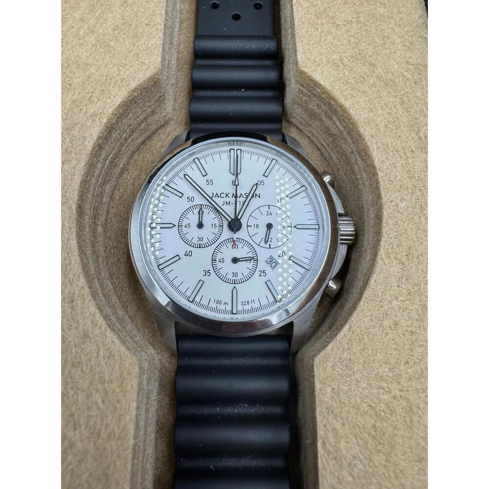 Jack Mason JM-F102 Chronograph Watch White Dial 38mm w/ Box Black Rubber Band OG